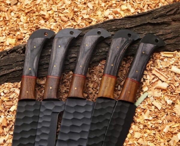 Damascus steel chef knives showing layered blade patterns and sharp edges