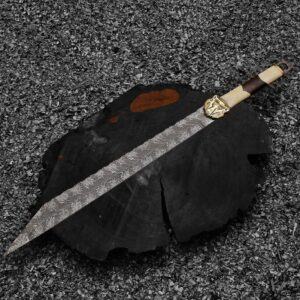 Handcrafted Damascus Seax sword with Viking-inspired blade and layered steel pattern