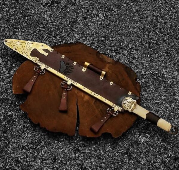 Damascus steel Seax sword showing detailed layered pattern and sharp Viking-style blade