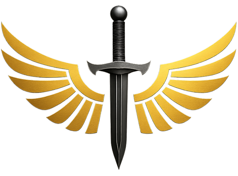 Blades of Valhalla logo featuring a sword with golden wings, representing a Viking-inspired brand